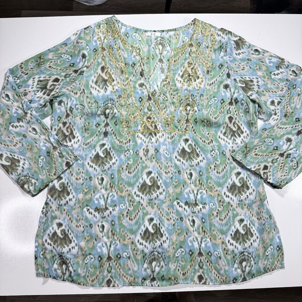 Blue & Green Ikat Long Sleeve Tunic Blouse Gold Embroidery Split Vneck Sz 18-20W